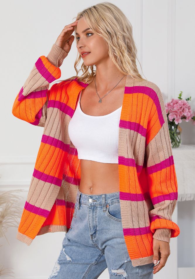 Contrast Striped Drop Shoulder Open Front Cardigan - ClassiQ