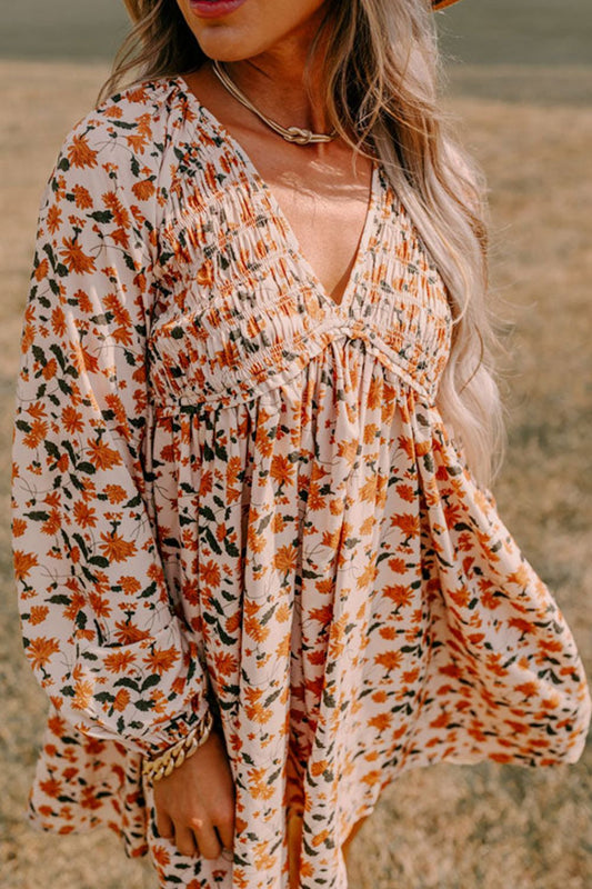 Smocked Printed V-Neck Long Sleeve Dress - Classique Collection