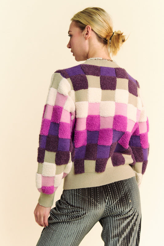 Davi & Dani Checkered Round Neck Long Sleeve Sweater - Classique Collection