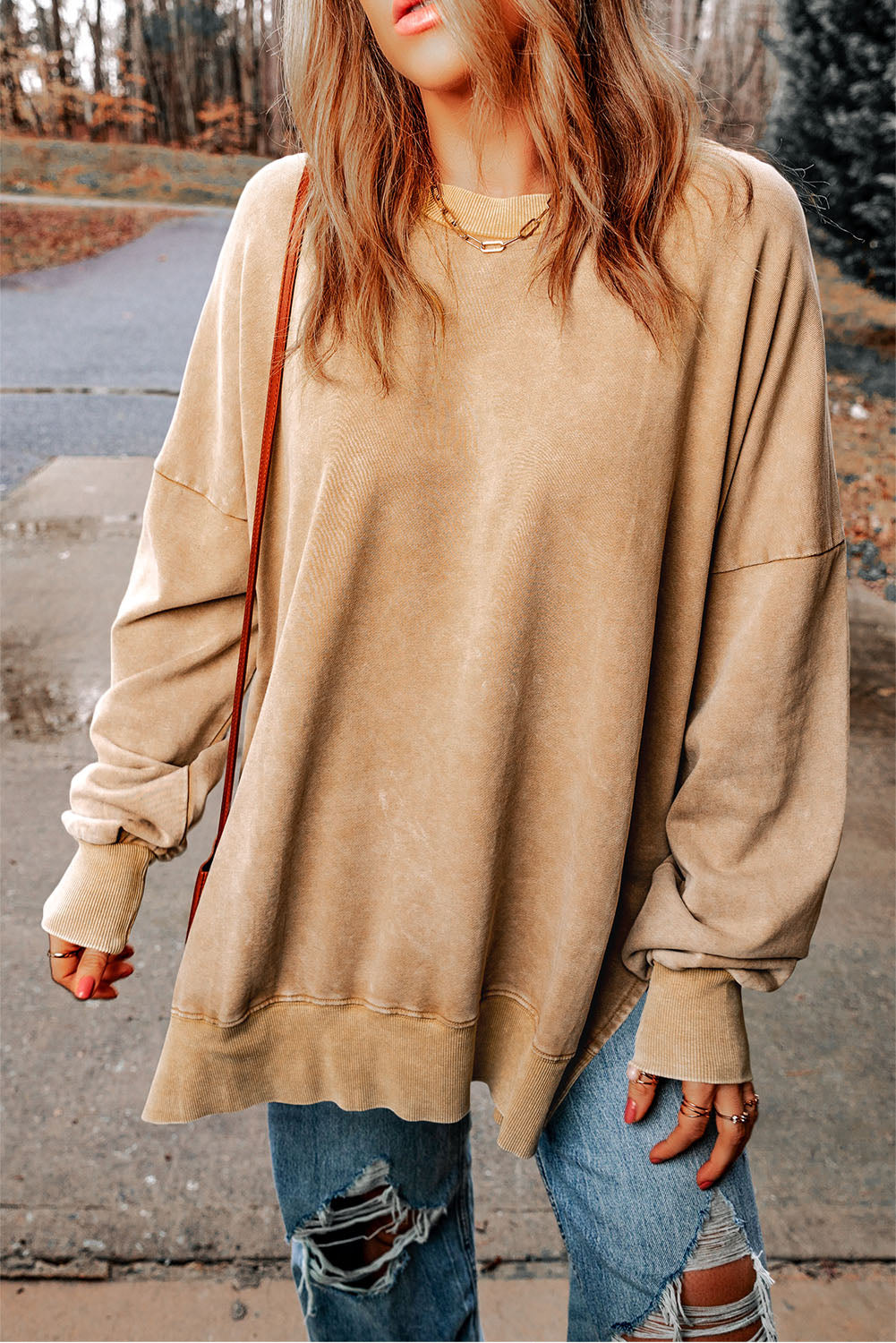 Dropped Shoulder Round Neck Long Sleeve Blouse - ClassiQ