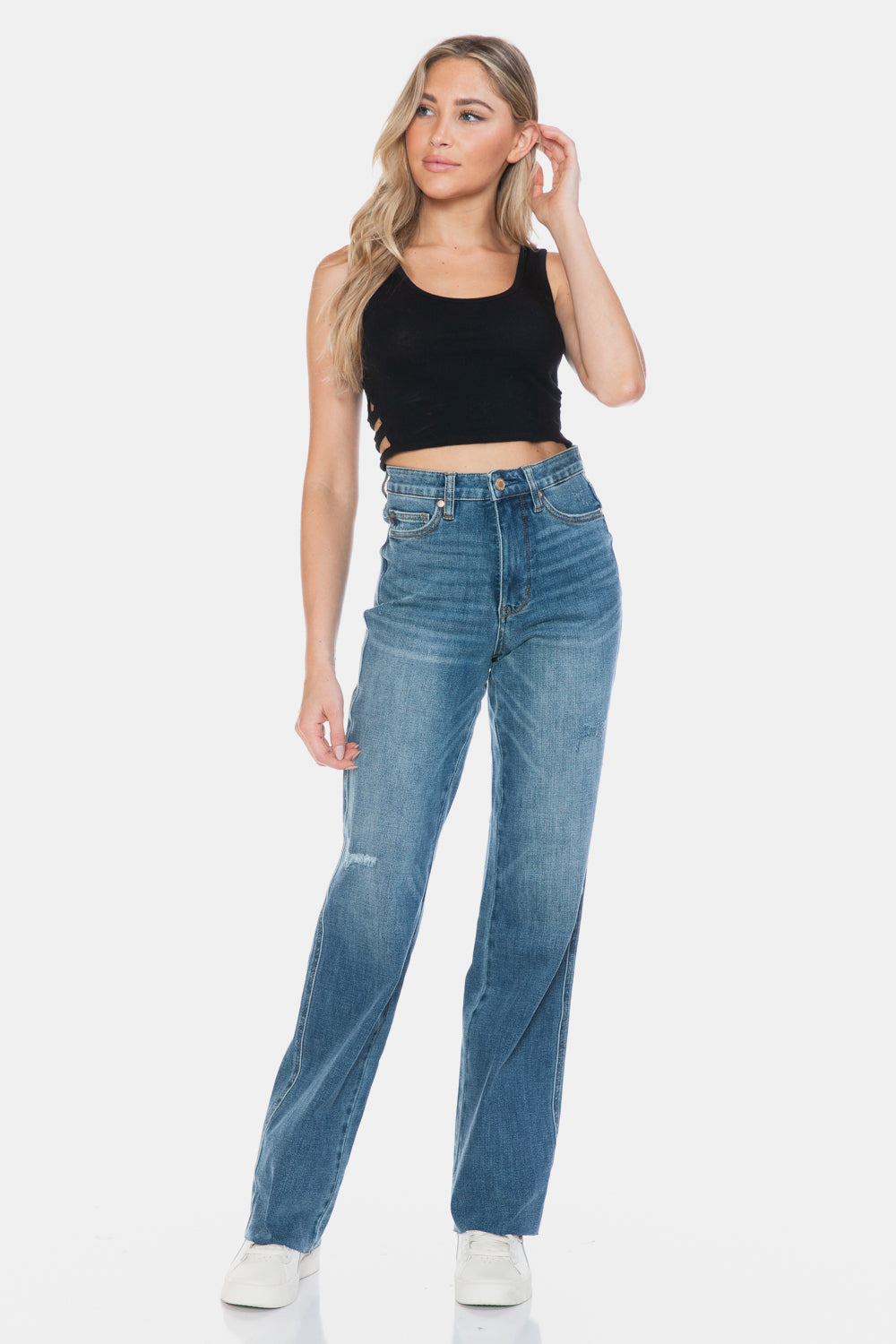 Judy Blue Full Size Tummy Control Cut Raw Hem Straight Jeans - Classique Collection
