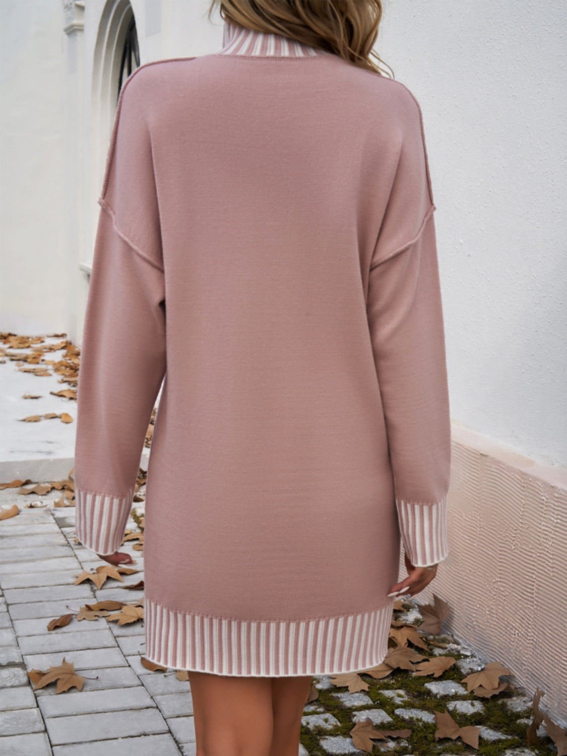 Devine Striped Mock Neck Long Sleeve Sweater Dress - Classique Collection