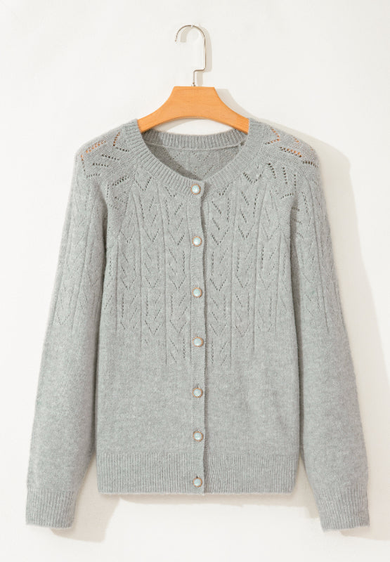 Openwork Button Down Long Sleeve Cardigan - ClassiQ