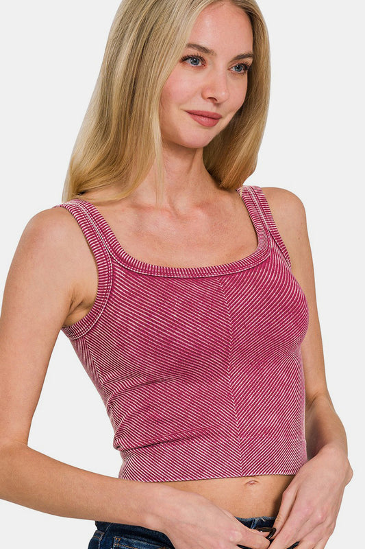 Zenana Washed Ribbed Scoop Neck Wide Strap Tank - Classique Collection