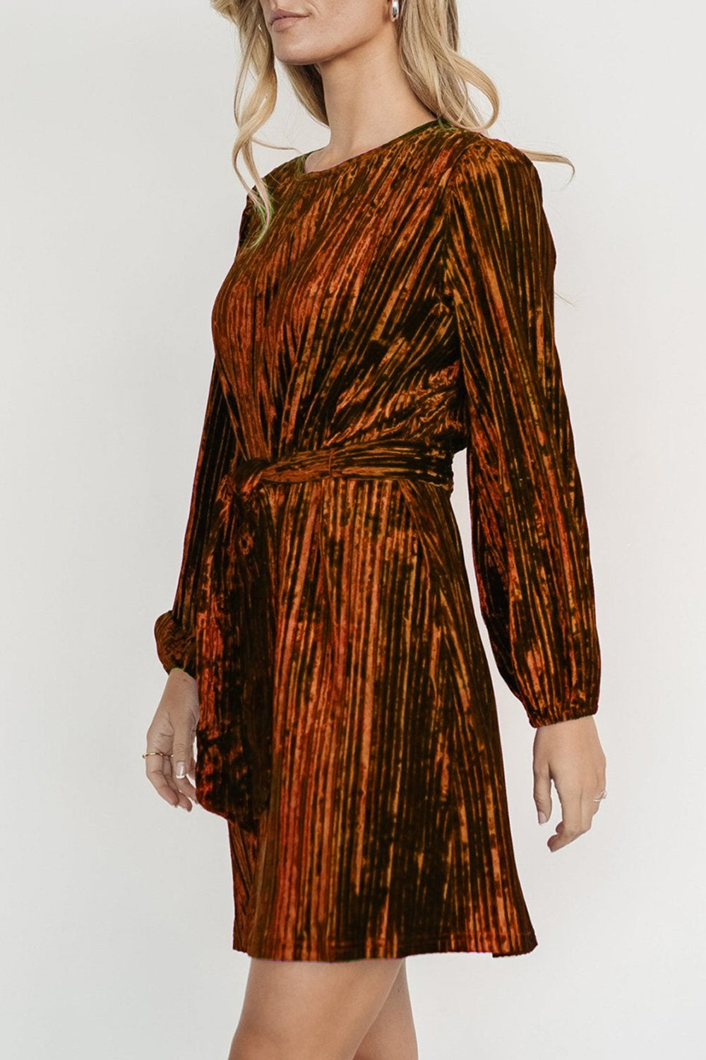 Velvet Round Neck Tie Waist Long Sleeve Mini Dress - Classique Collection