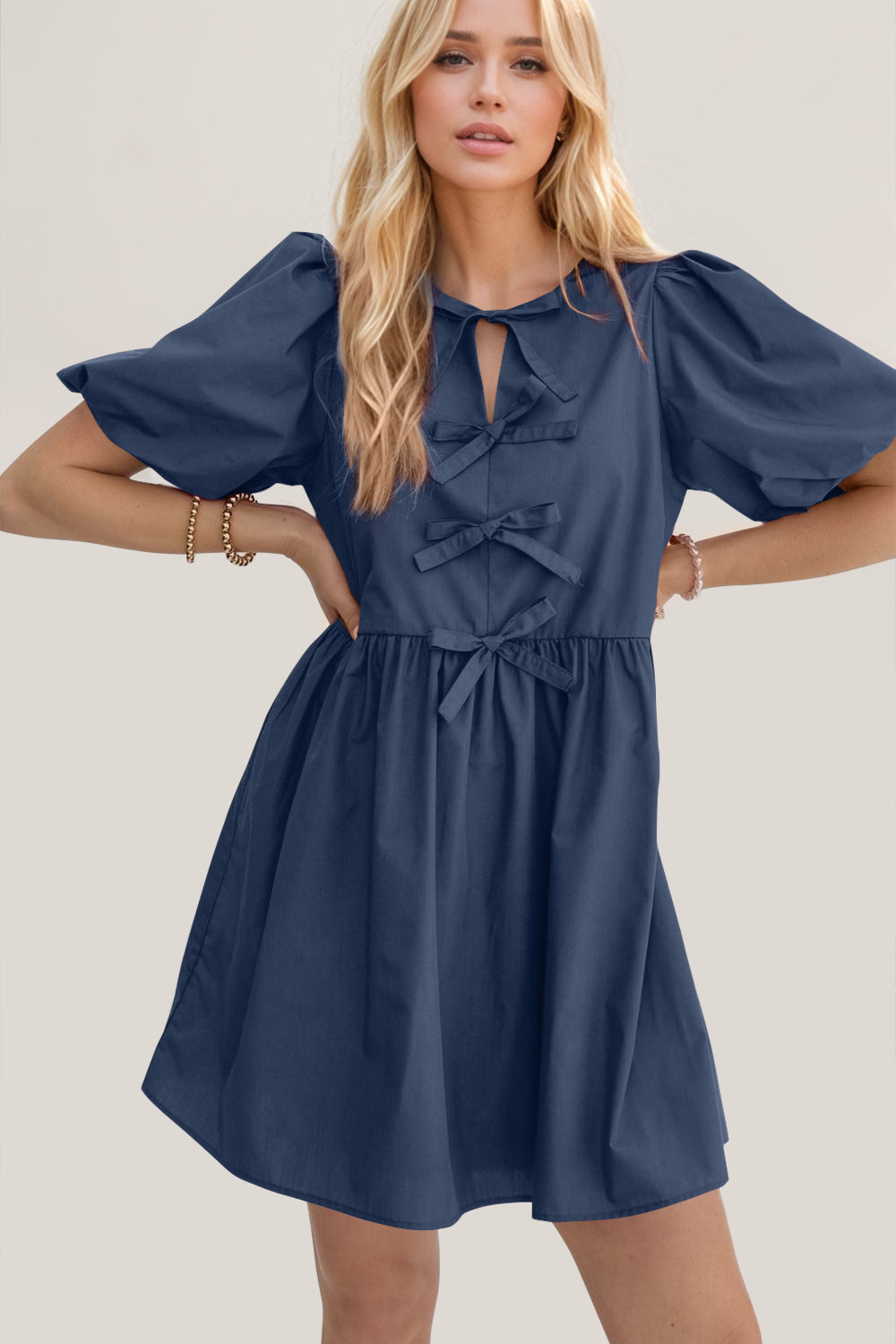 Oh Bow Ruched Puff Sleeve Mini Dress - Classique Collection