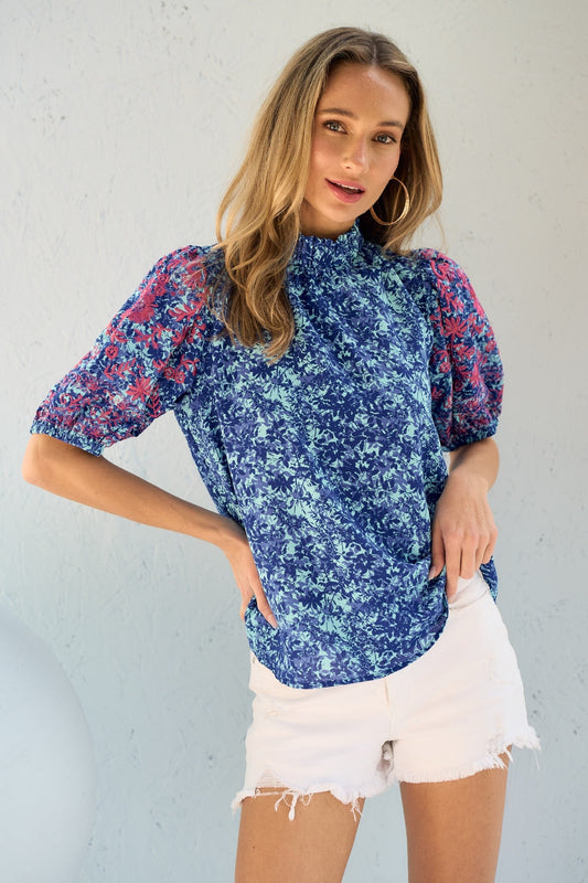 Hailey & Co Embroidered Puff Sleeve Printed Blouse - Classique Collection