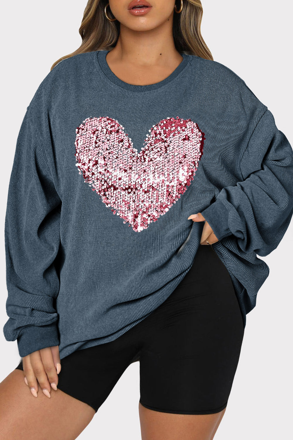 Plus Size Heart Sequin Round Neck Sweatshirt - ClassiQ