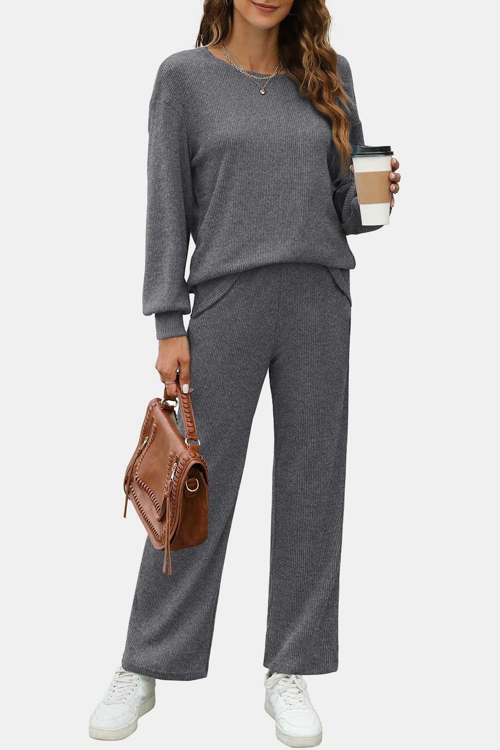Round Neck Long Sleeve Top and Pants Set - ClassiQ