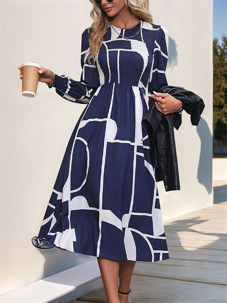 Perfee Smocked Color Block Long Sleeve Midi Dress - Classique Collection
