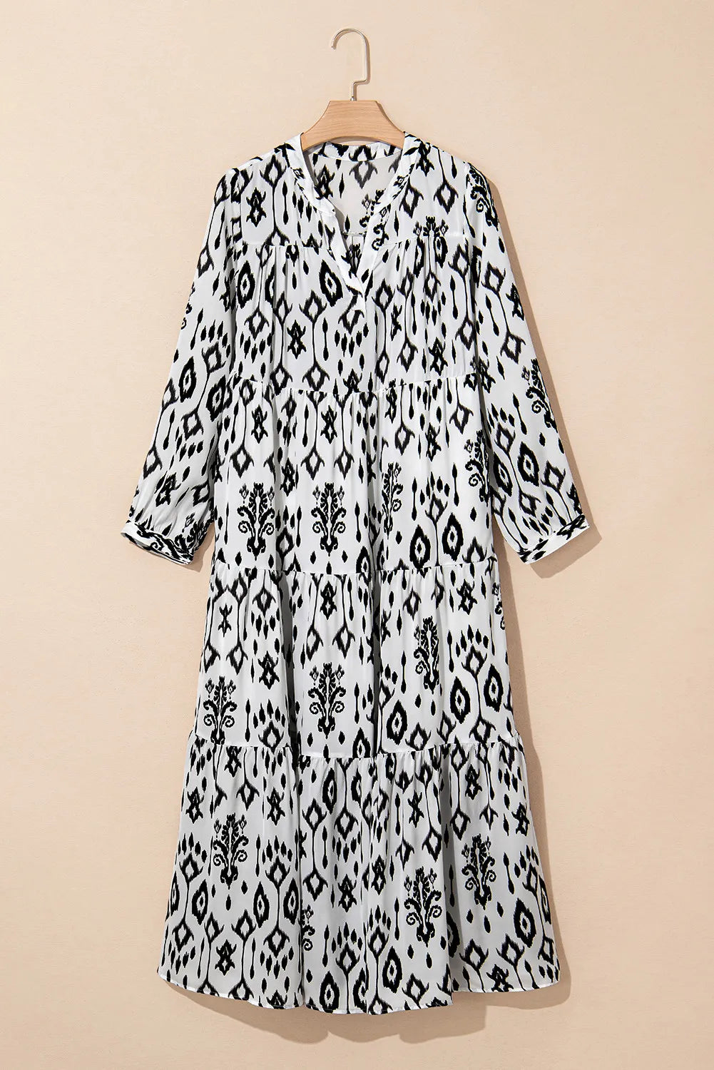 Tiered Printed Notched Long Sleeve Midi Dress - Classique Collection