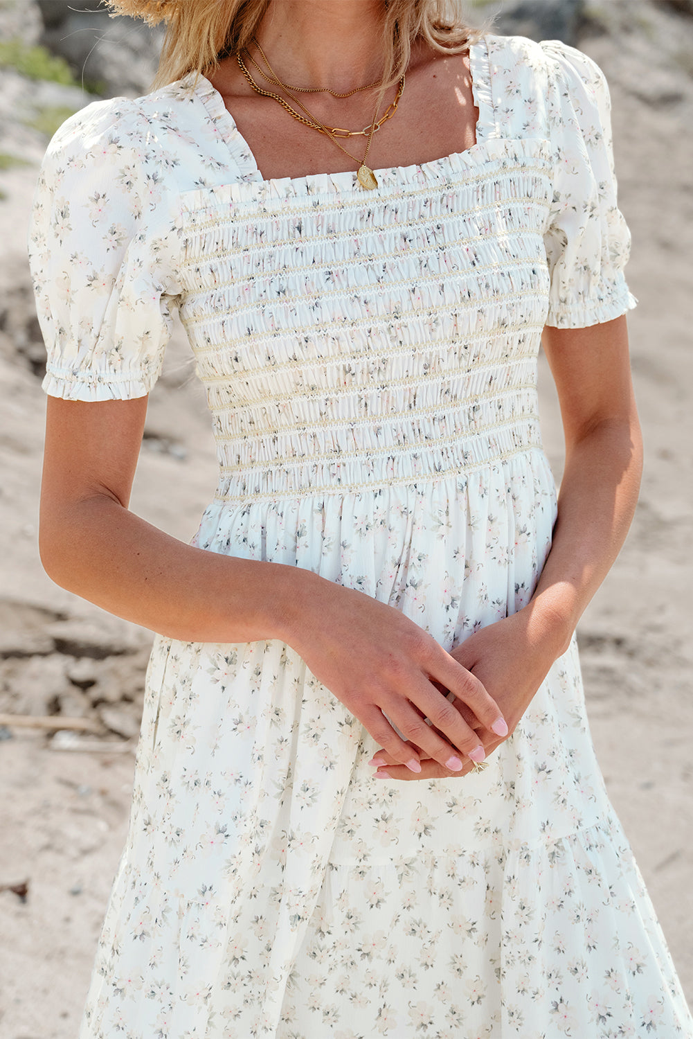 White Frilly Shirred Bodice Tiered Floral Maxi Dress ClassiQ