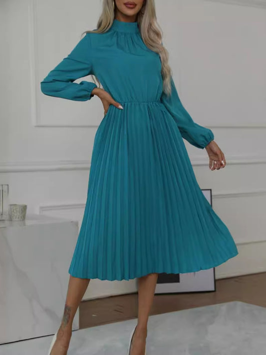 Mock Neck Long Sleeve Pleated Dress - Classique Collection