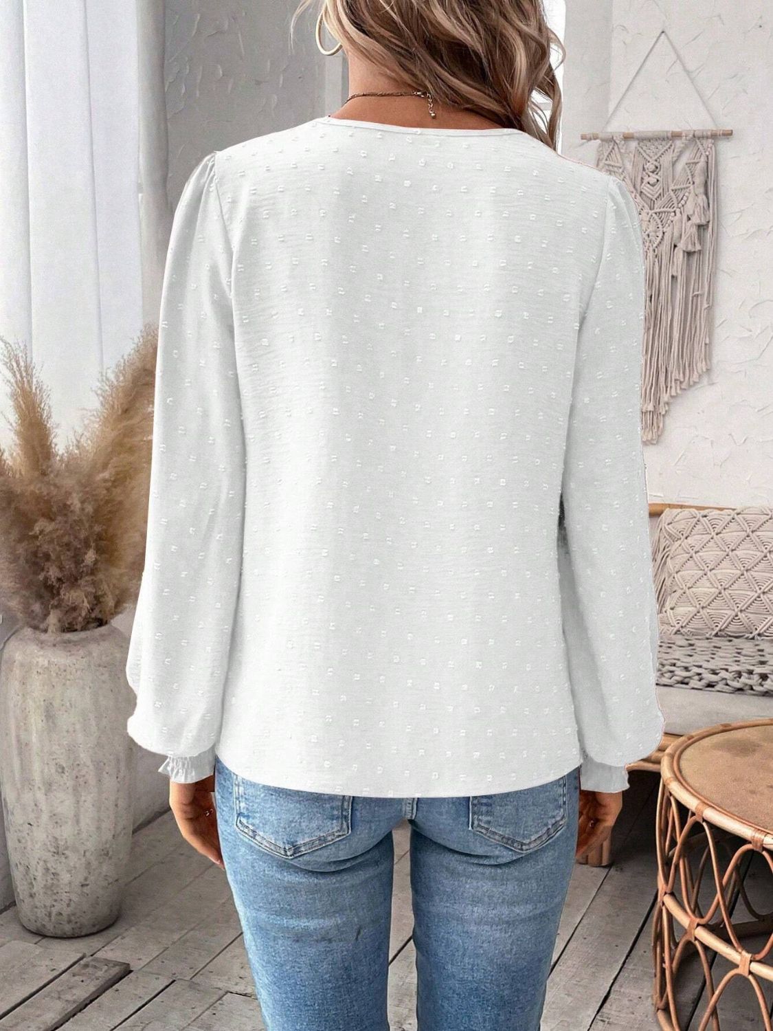 Swiss Dot Lace Detail Notched Long Sleeve Blouse - Classique Collection