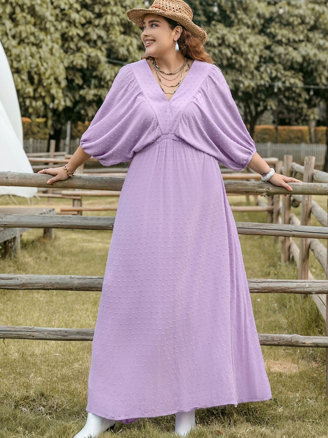 Plus Size Swiss Dot V-Neck Midi Dress - Classique Collection