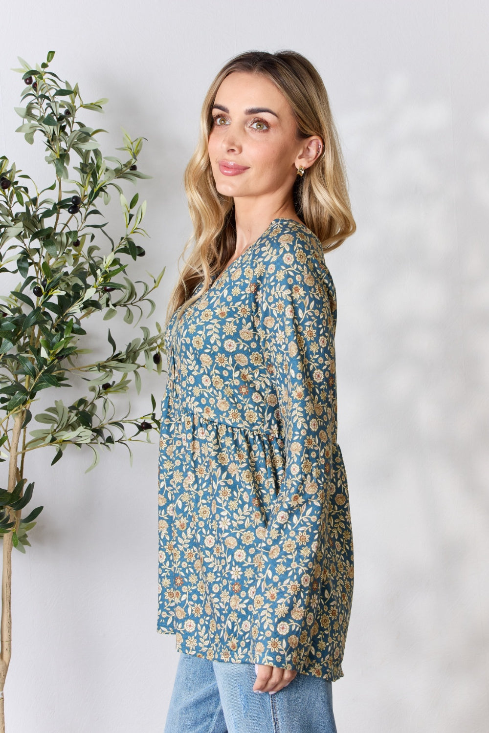 Heimish Full Size Floral Half Button Long Sleeve Blouse - Classique Collection