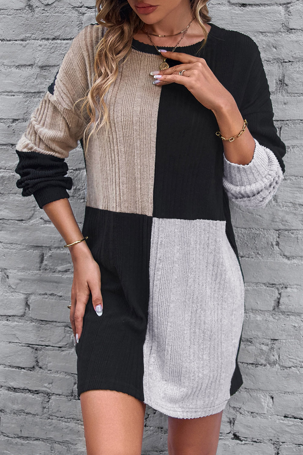 Color Block Drop Shoulder Long Sleeve Mini Dress - Classique Collection