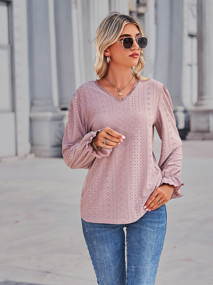 Eyelet V-Neck Flounce Sleeve Blouse - Classique Collection