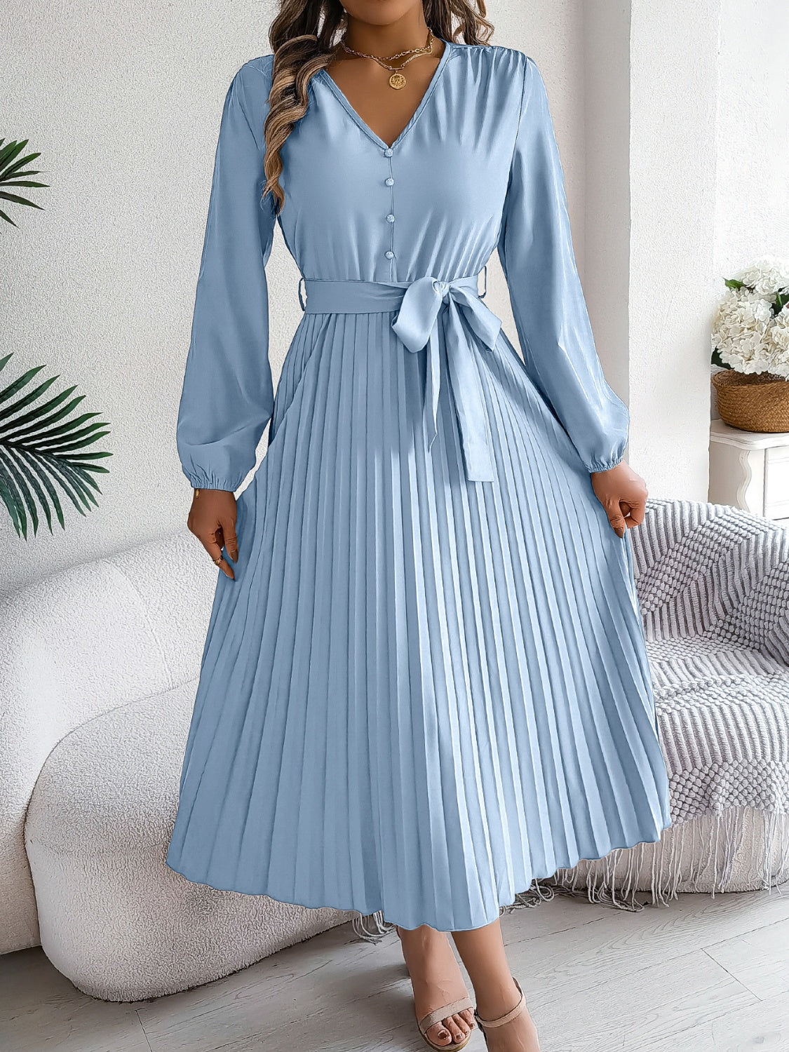 Pleated Tied V-Neck Long Sleeve Dress - Classique Collection