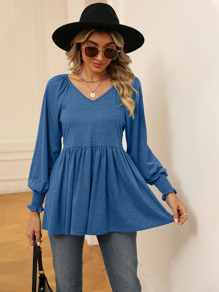 V-Neck Lantern Sleeve Blouse - Classique Collection
