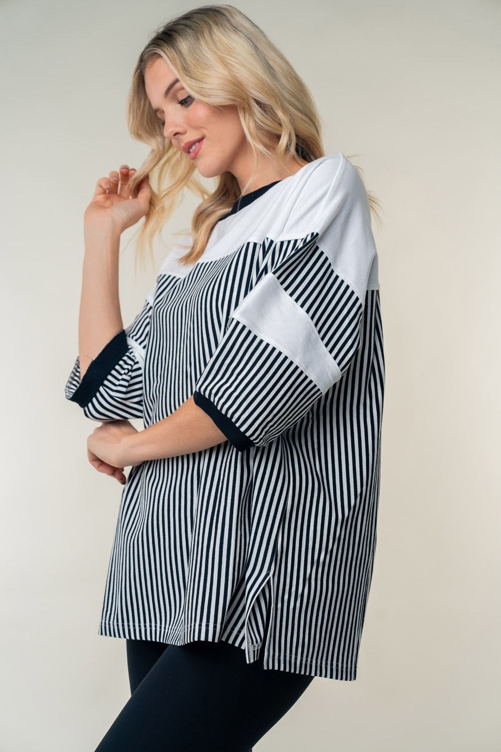 White Birch Full Size Striped Contrast Round Neck Top - Classique Collection