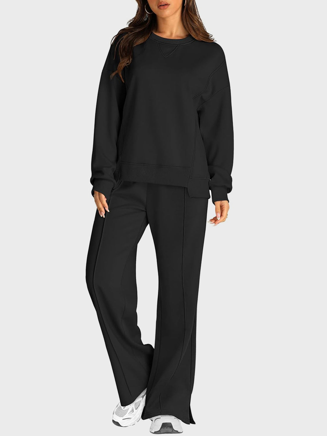 Round Neck Long Sleeve Top and Slit Pants Set - ClassiQ