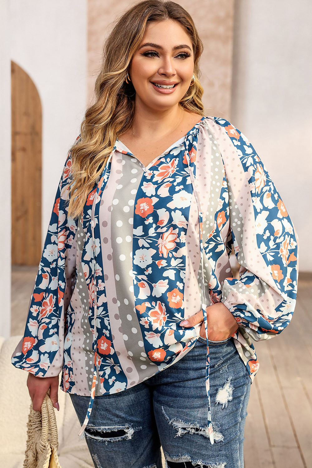 Plus Size Floral Tie Neck Blouse - Classique Collection