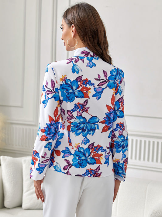 Floral Tie Neck Long Sleeve Blouse - ClassiQ
