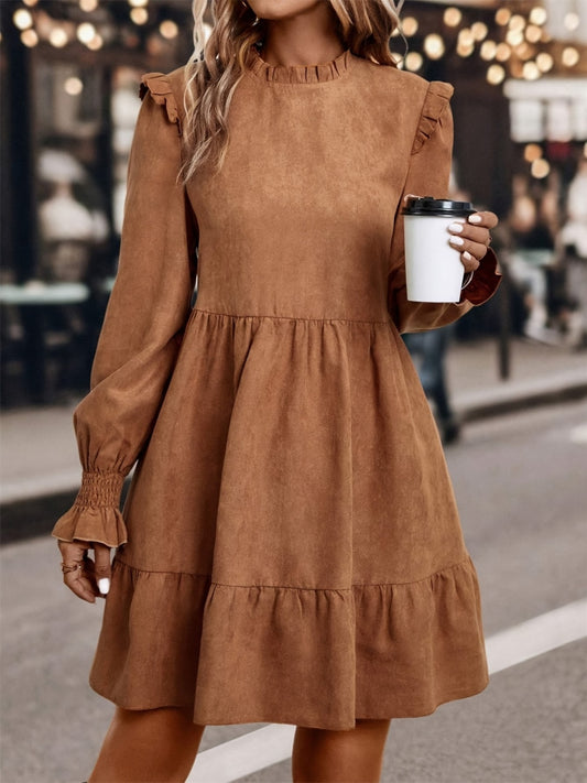 Frill Round Neck Long Sleeve Mini Dress - Classique Collection