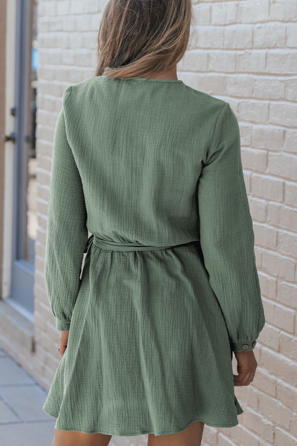 Round Neck Long Sleeve Tie Waist Dress - Classique Collection