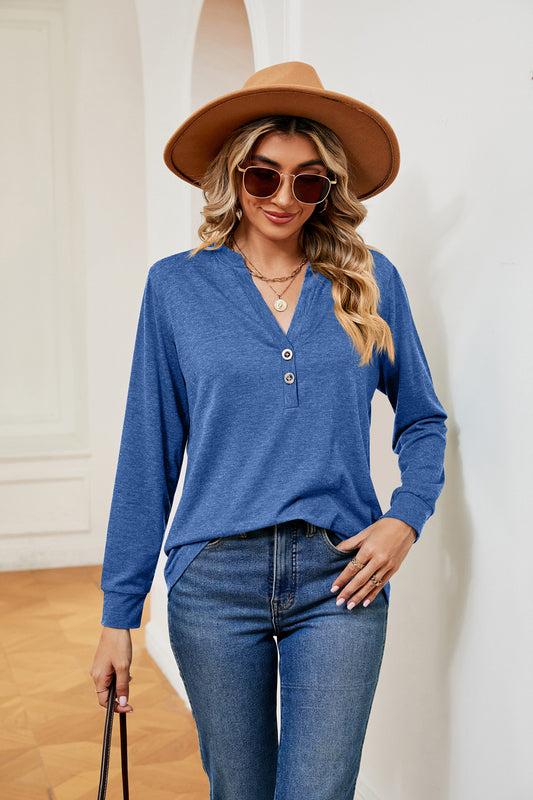 Buttoned Notched Neck Long Sleeve Top - Classique Collection