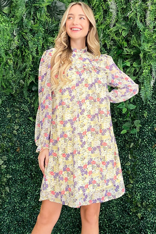And The Why Floral Mock Neck Flounce Sleeve Dress - Classique Collection