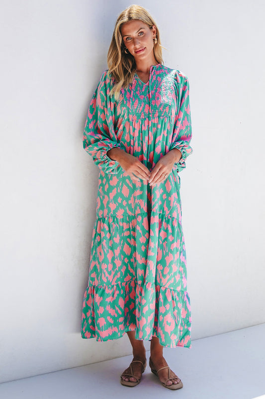Smocked Printed Tie Neck Long Sleeve Dress - Classique Collection