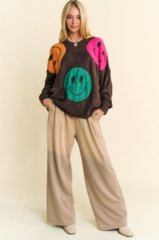Davi & Dani Contrast Smile Round Neck Oversize Sweater - ClassiQ