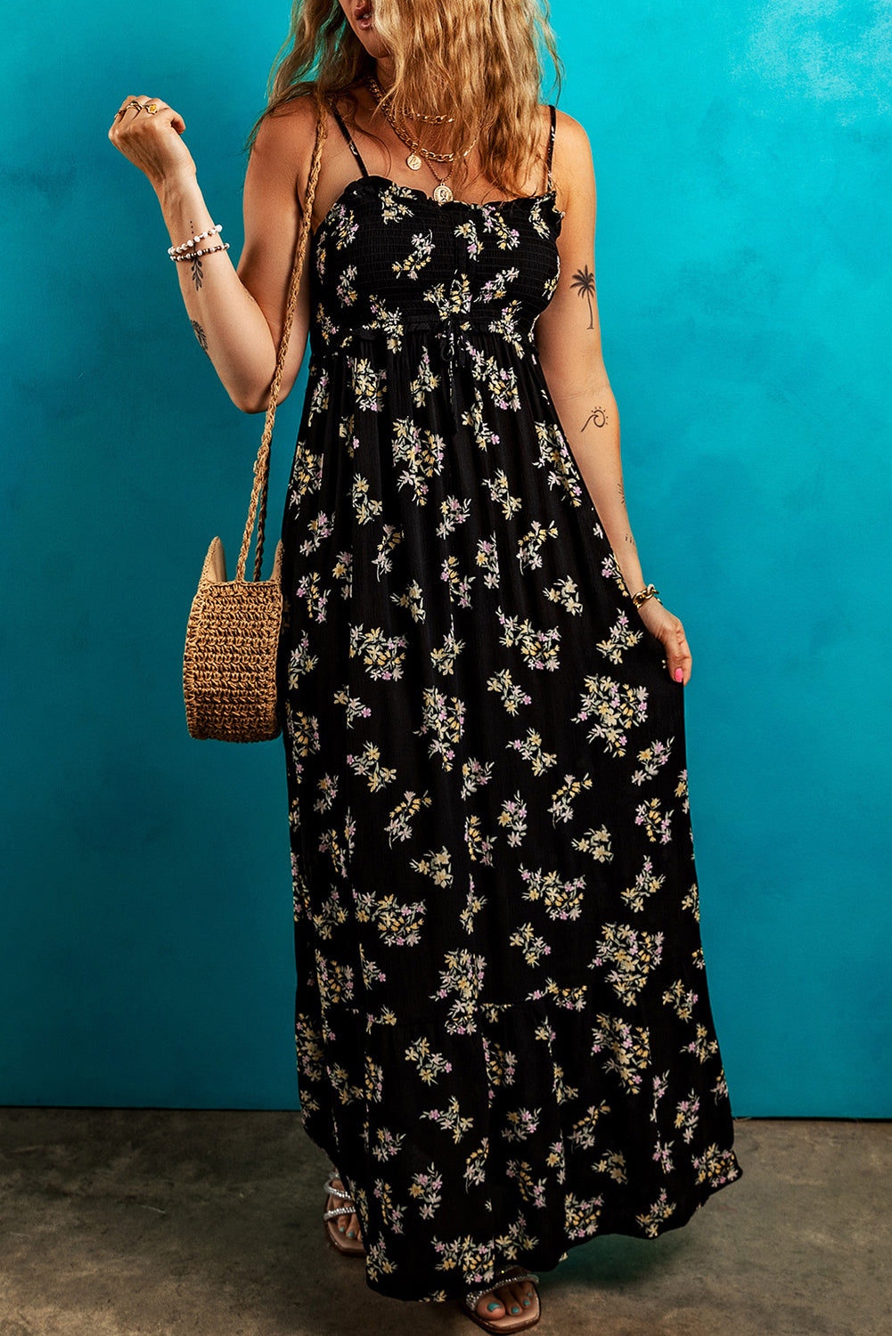 Black Floral Spaghetti Strap Shirred Bodice Tied Empire Waist Maxi Dress ClassiQ