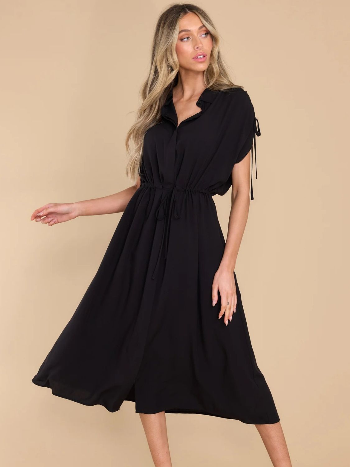 Drawstring Collared Neck Short Sleeve Midi Dress - Classique Collection