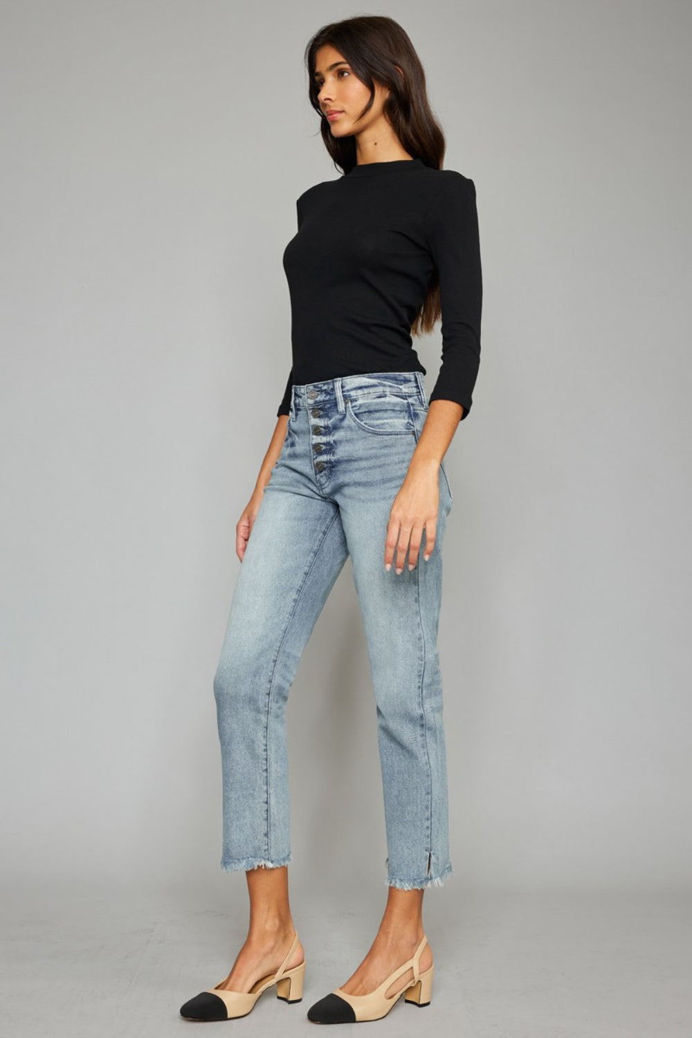 Kancan High Waist Button Fly Raw Hem Cropped Straight Jeans - ClassiQ