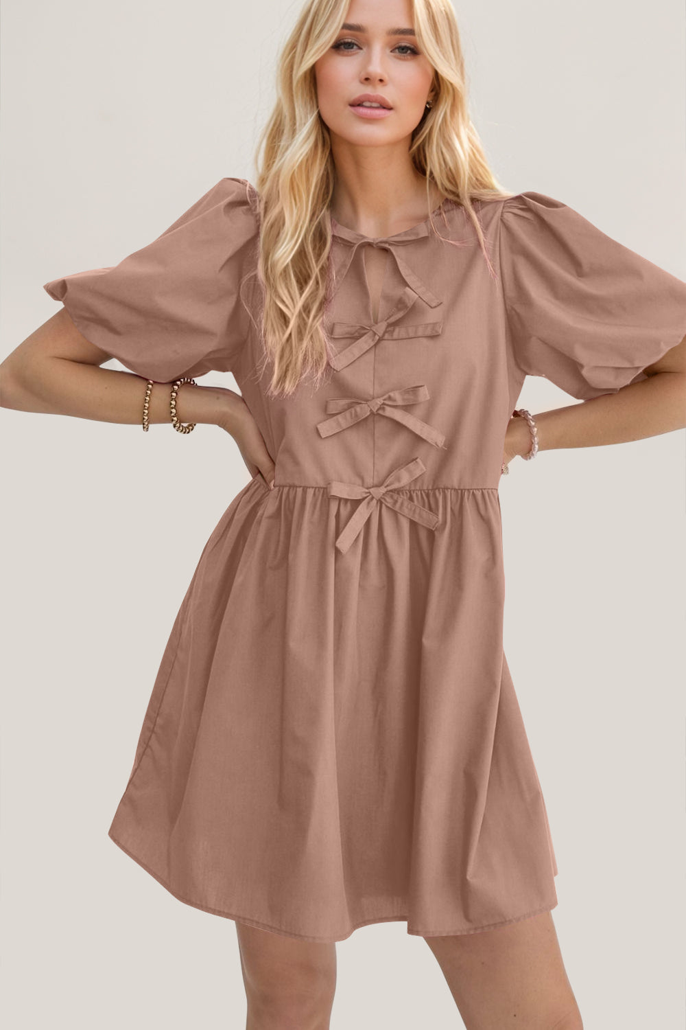 Oh Bow Ruched Puff Sleeve Mini Dress - Classique Collection