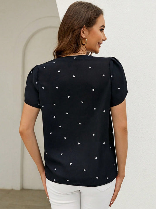 Heart Print Notched Petal Sleeve Blouse - ClassiQ