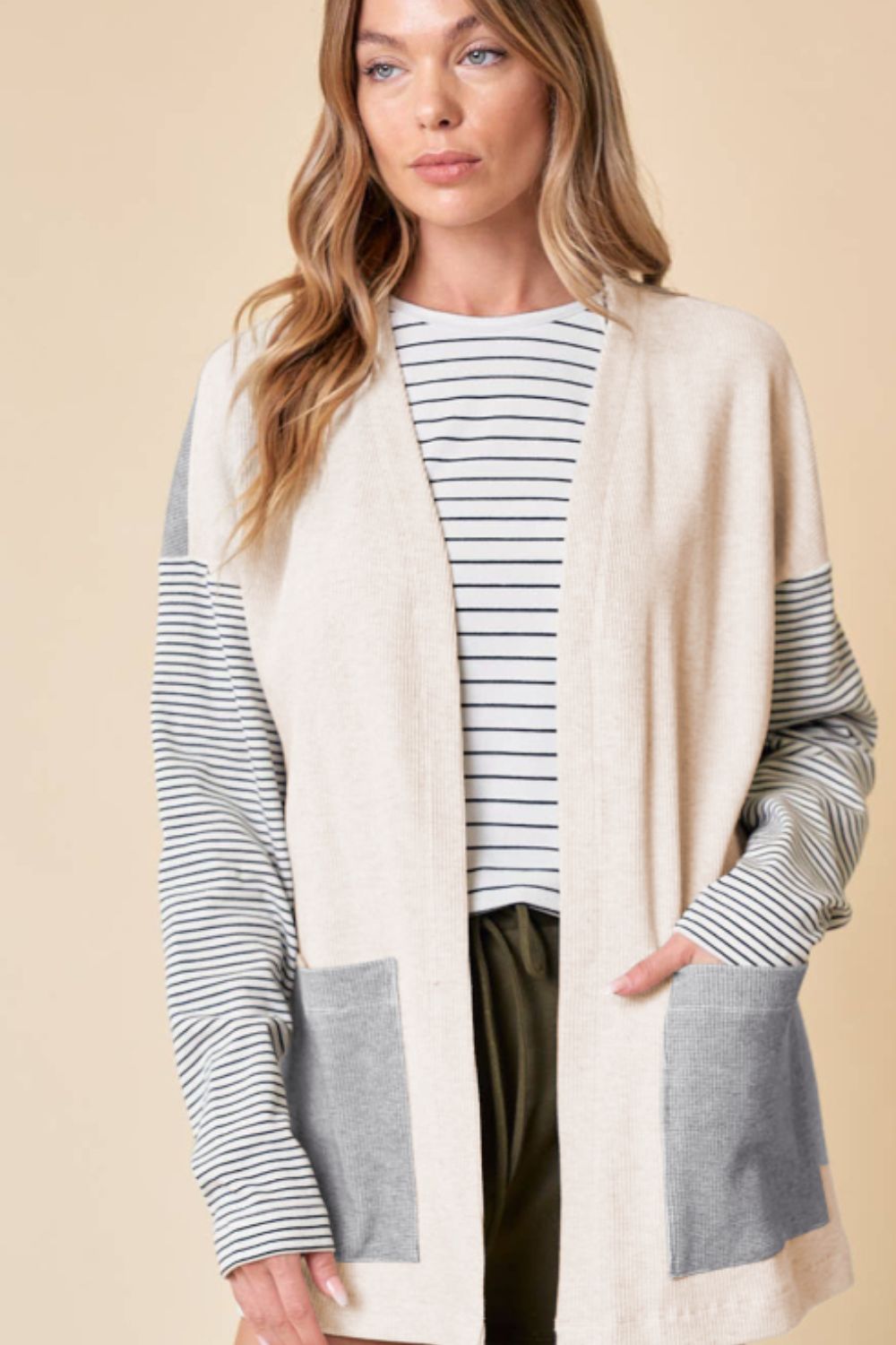 Open Front Long Sleeve Striped Cardigan with Pockets - Classique Collection