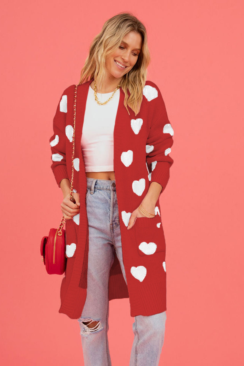 Heart Graphic Open Front Cardigan with Pockets - ClassiQ