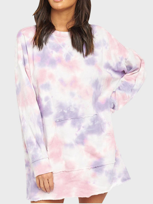 Pocketed Tie-Dye Round Neck Long Sleeve Dress - Classique Collection