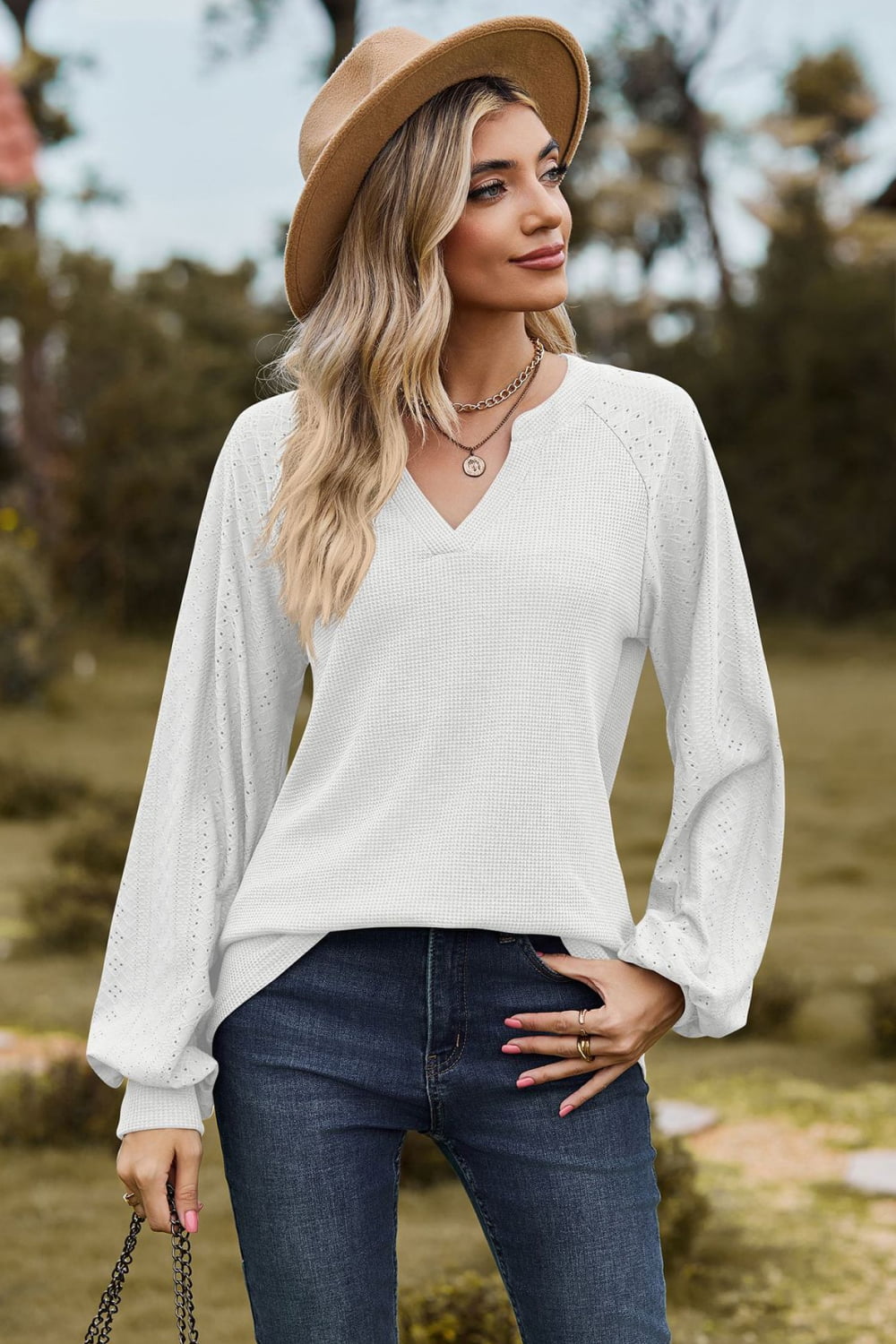 Notched Neck Raglan Sleeve Blouse - Classique Collection