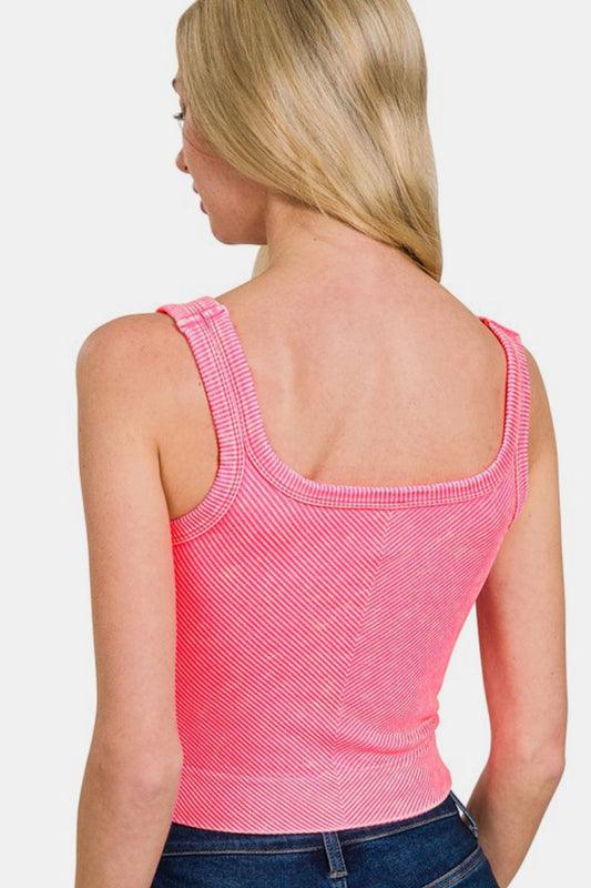 Zenana Washed Ribbed Scoop Neck Wide Strap Tank - Classique Collection