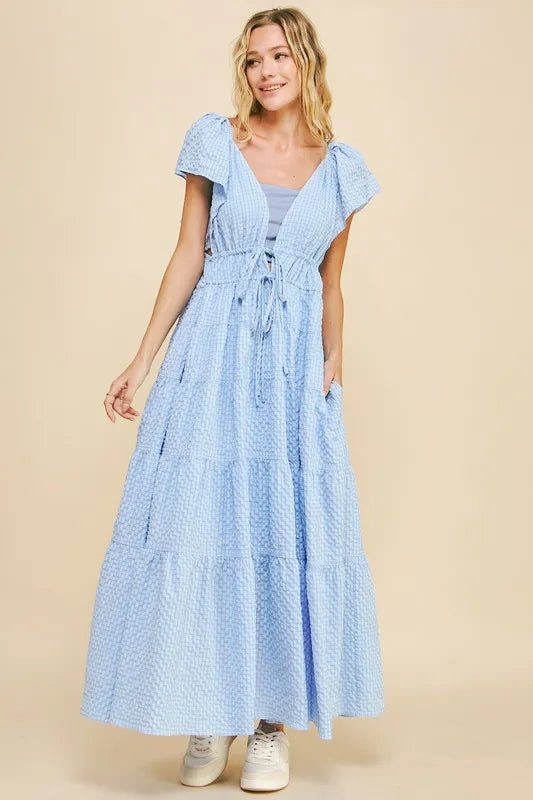Davi & Dani Crinkled Texture Flutter Cap Sleeve Midi Dress