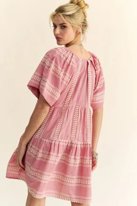 Davi & Dani Embroidered Stripe Ruffled Gingham Mini Dress