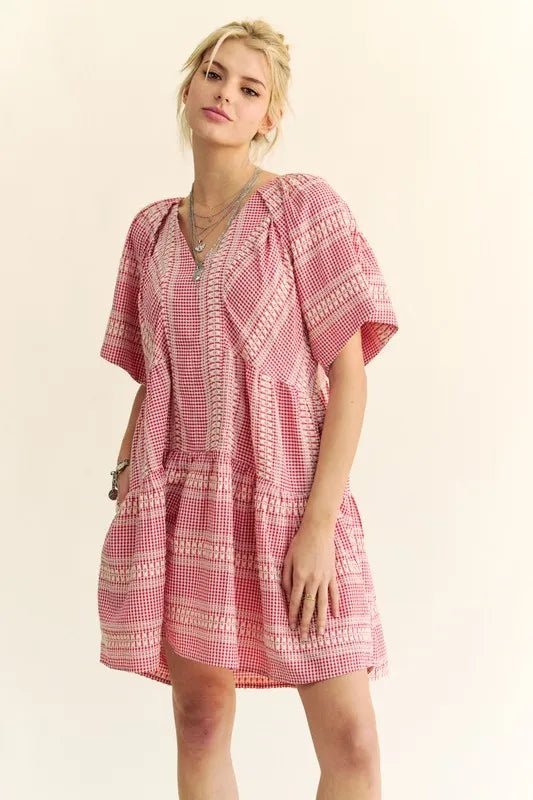Davi & Dani Embroidered Stripe Ruffled Gingham Mini Dress