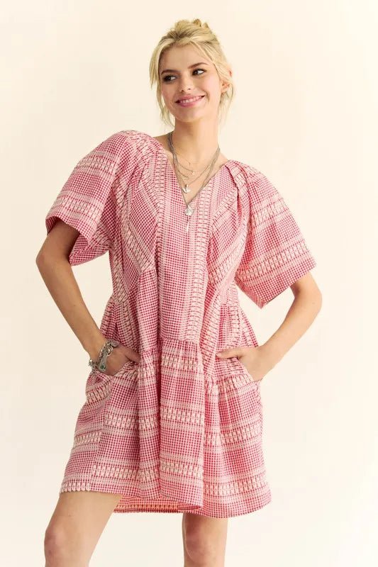 Davi & Dani Embroidered Stripe Ruffled Gingham Mini Dress