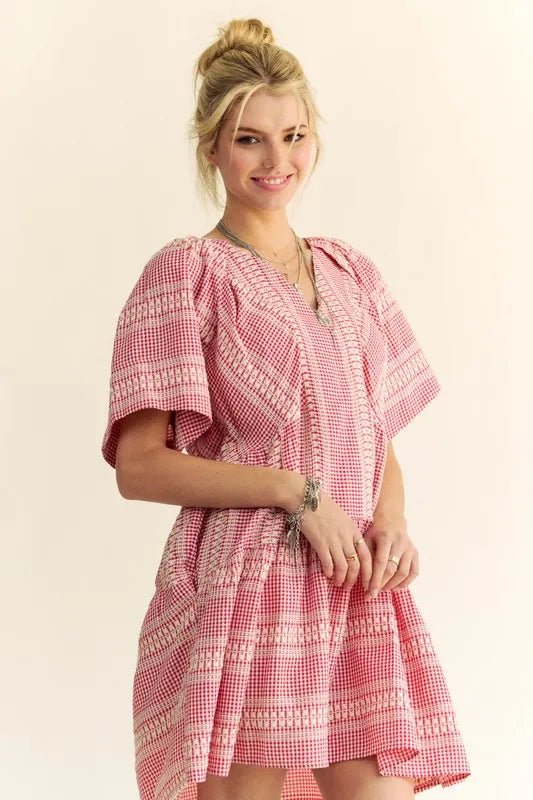 Davi & Dani Embroidered Stripe Ruffled Gingham Mini Dress