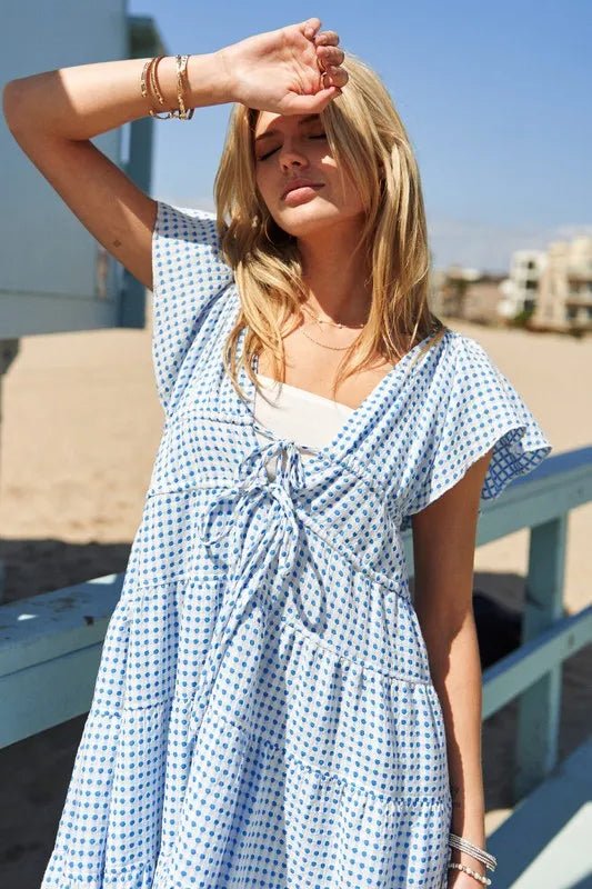Davi & Dani Jacquard V - Neck Flutter Cap Sleeve Tiered Dress
